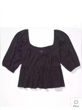 NWOT American Eagle Square-Neck Tie-Front Babydoll Peasant Top Black